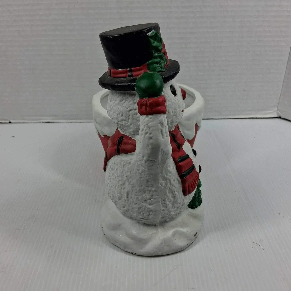 Vintage Style Ceramic Snowman Planter Christmas Holiday Candy Dish Red Bucket
